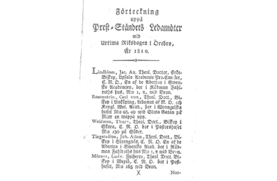 Titelsida - Förteckning över Prästeståndet vid riksdagen i Örebro 1810