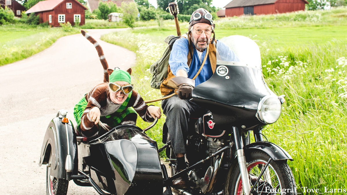 En utklädd katt och en person åker på en motorcykel med sidovagn