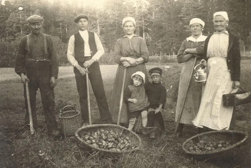 Två män, tre kvinnor och två barn står samlade runt två stora korgar med potatis.