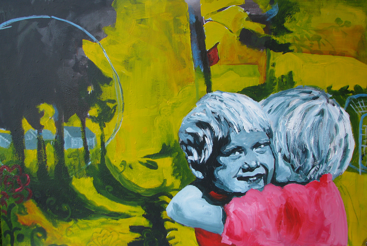 En färgglad akryl på MDF som föreställer två barn som kramar om varandra.