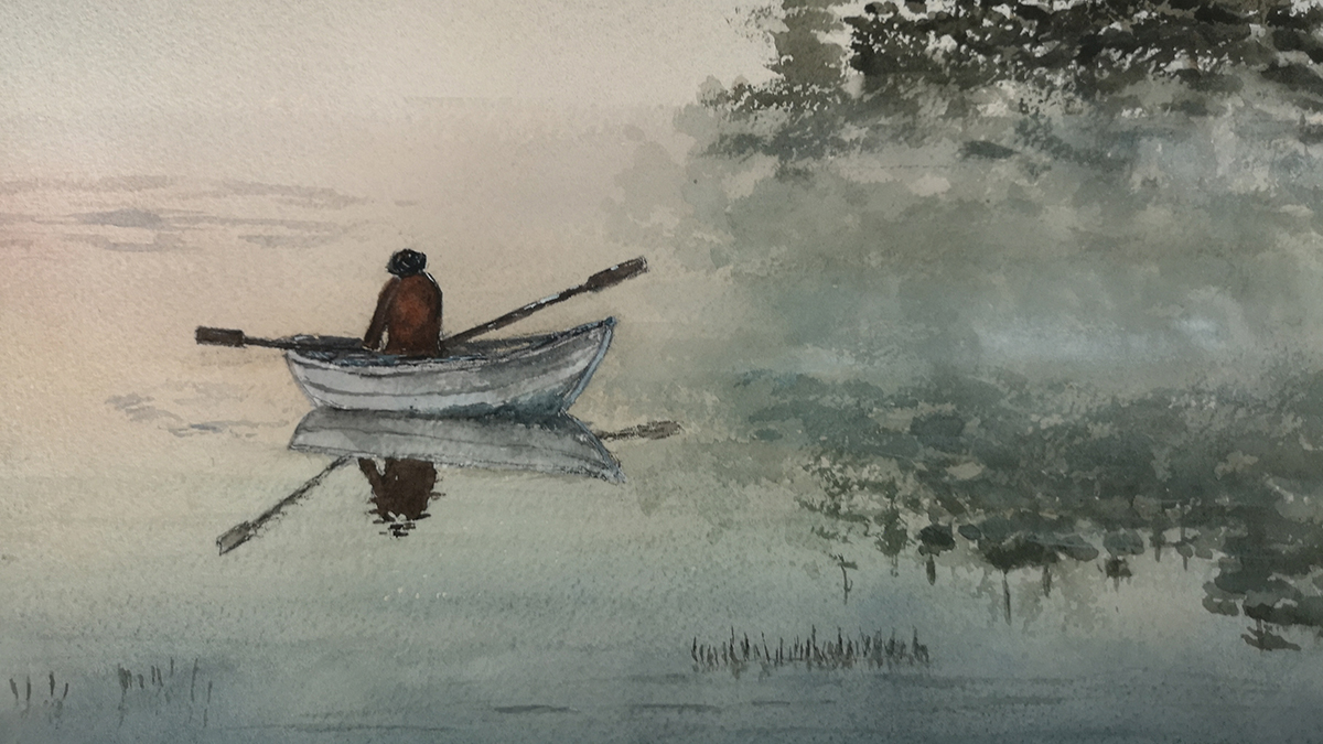 Målad tavla på en person som sitter i en eka och ror i en sjö