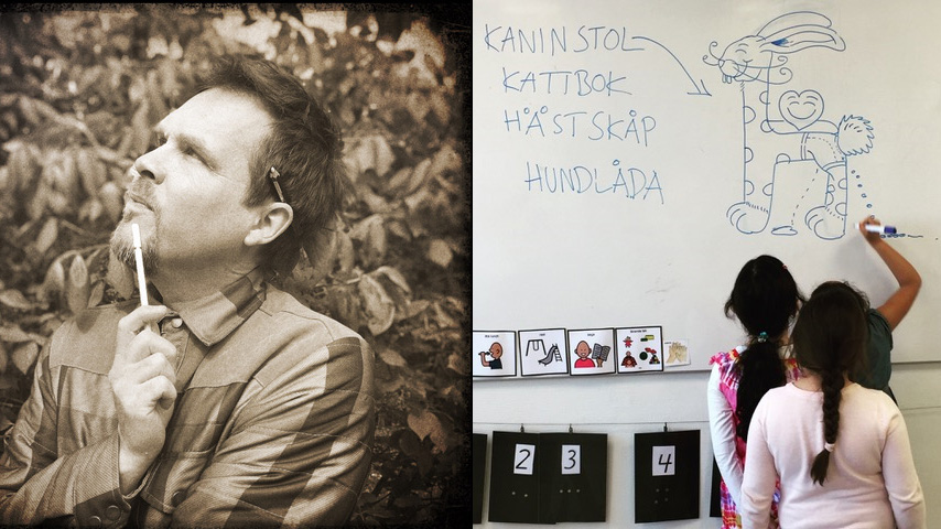 Två bilder intill varandra. En sepiatonad bild med fundersam man och en bild med barn framför whiteboard.