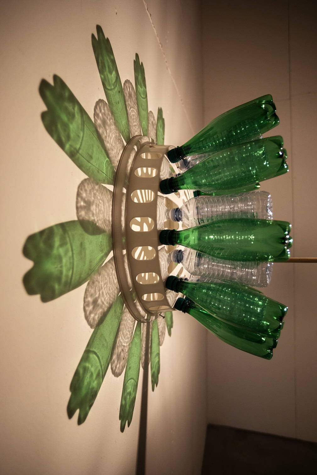Green and clear plastic bottles mounted upright on a laundry basket lid. The light in the room is aimed at the lid, which is mounted against a white wall where the bottles create a mandala pattern against the wall.