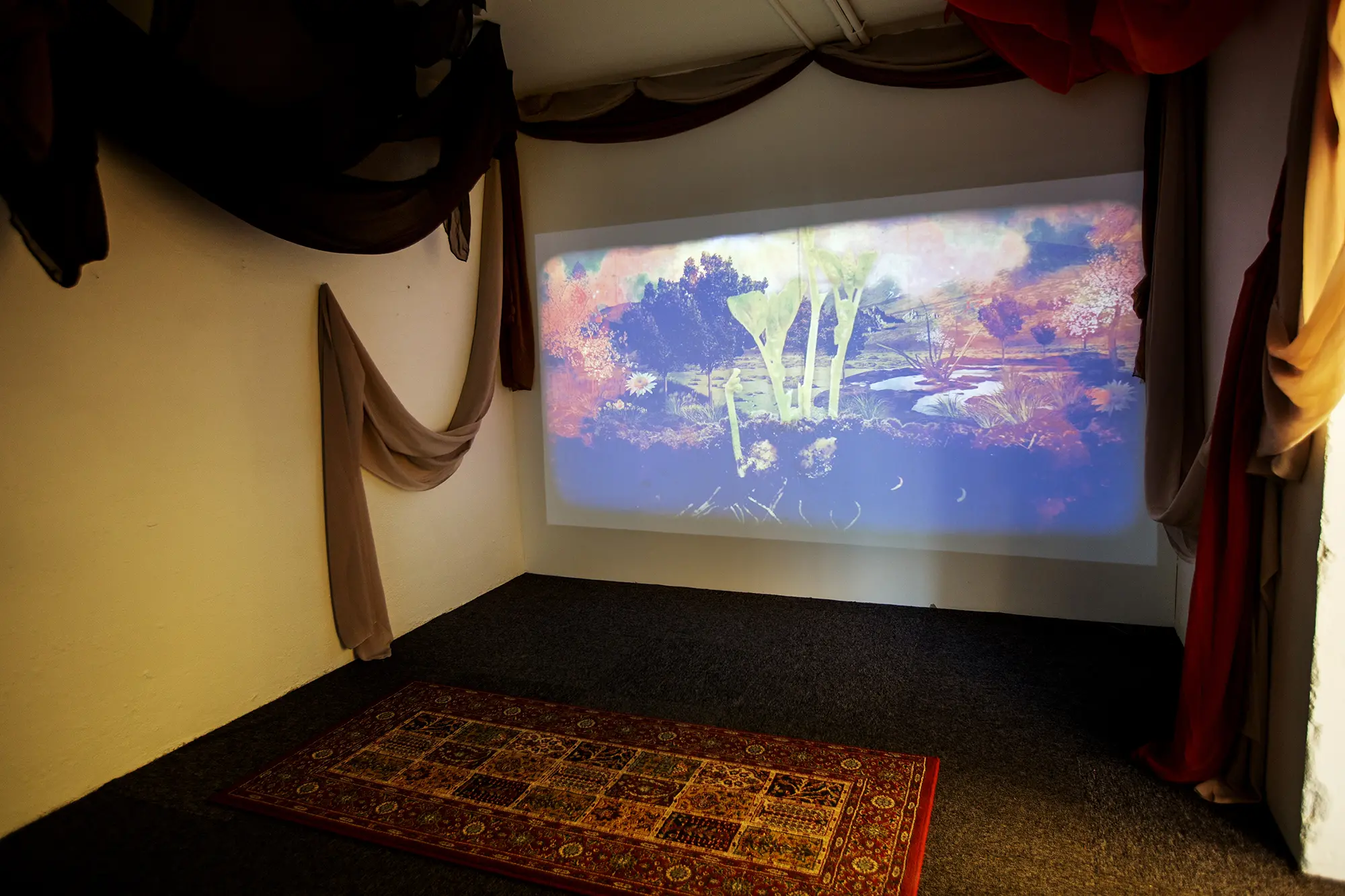 I ett mindre nedsläckt rum syns en filmprojektion på en av väggarna. På bilden visas ett kollage av ett fantasilandskap i dämpade färger. Runtom projektionen hänger tygstycken uppsatta på väggarna och från taket. Golvet är mörkt och på det ligger en orientalisk matta.