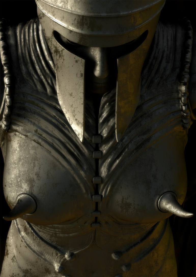 En närbild på en staty i gråa toner. Statyn föreställer en krigar kvinna i utrustning och hjälm. Över brösten på utrustningen sticker två horn ut. 