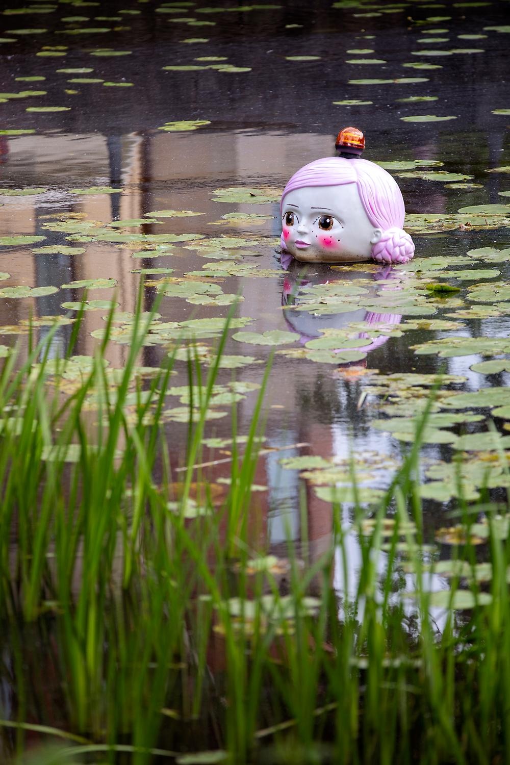 In the water among the water lilies floats a large girl's face with an orange warning light on its head. She has light skin, brown eyes, pink cheeks, freckles and pink braids similar to Star Wars Leia Solo's braids.