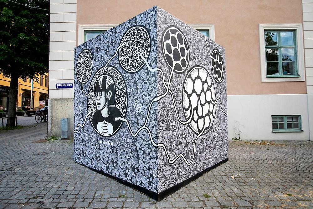 A cube is placed on a street near a house wall. The cube is covered in a black and white pattern and illustrations of a figure and bacteria.