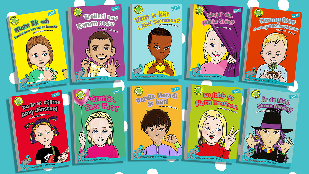 Bilden visar tio boktitlar från bokserien om barnen på Lyckeskolan.