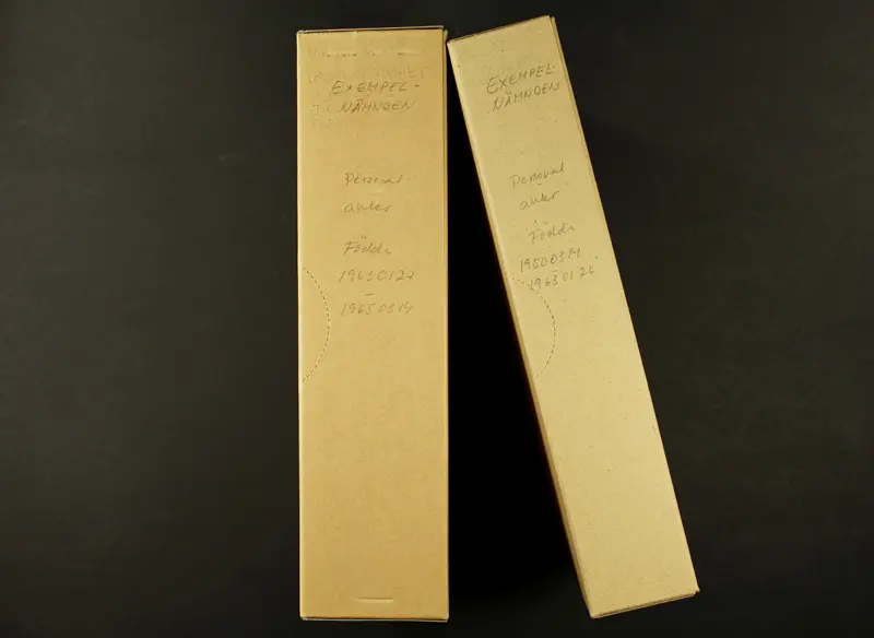 Två bruna kartonger, med blyertsskriven text: Exempelnämnden, Personalakter, Födda