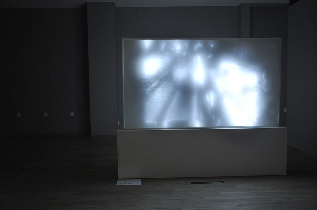 I ett mörkt rum står en stor skärm som visar upp ett ljusfenomen. 