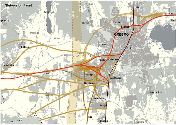 Röda streck visar ny järnväg enligt översiktsplanen och bruna streck utredda alternativ